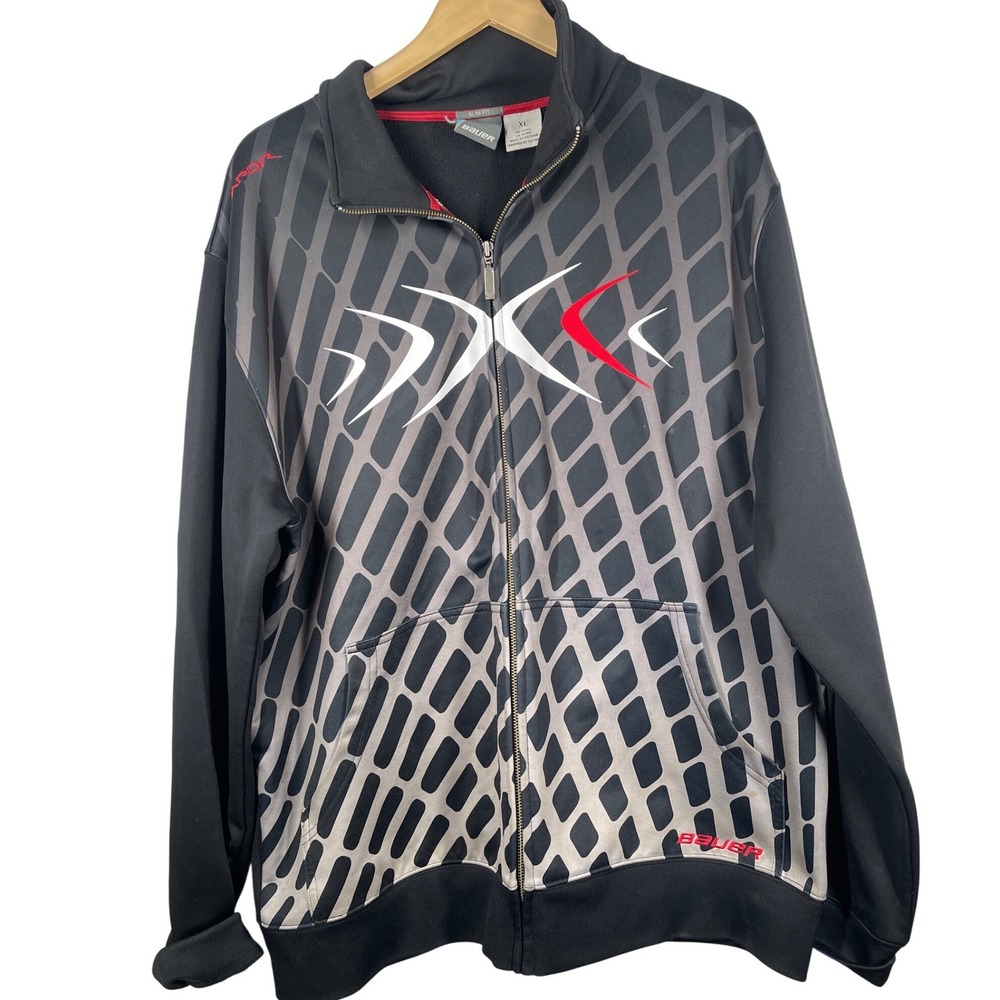 Bauer Vapor Mens XL Slim Fit Hockey Track Jacket Full Zip Black Grey Graphic